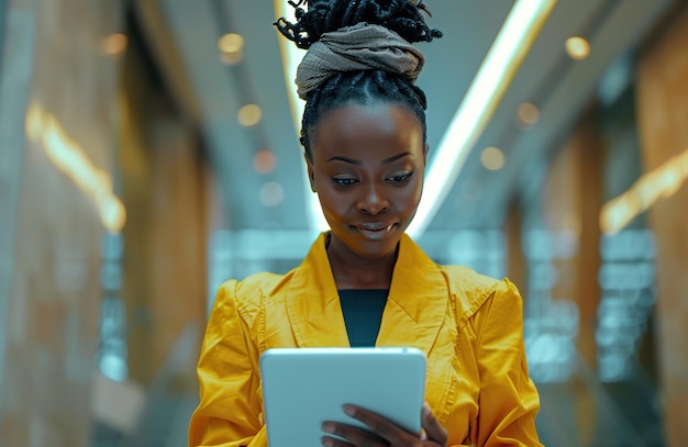 Retrato de una joven gerente de negocios negra empoderada trabajando en una tableta en un edificio de oficinas moderno Especialista africana segura buscando documentos en línea y sonriendo en el pasillo