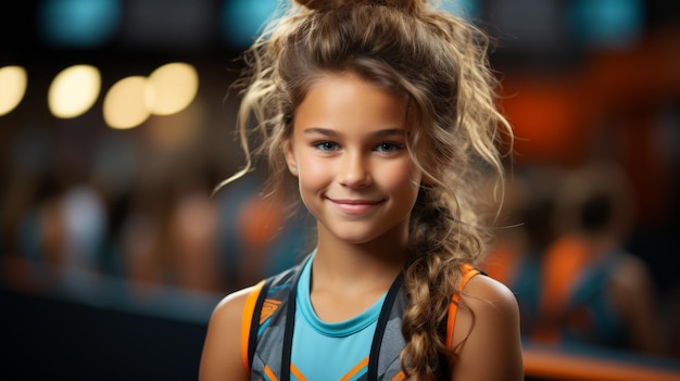 Foto retrato de una joven gimnasta con el pelo rubio sonriendo