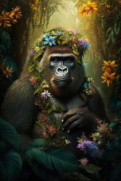 Retrato de un joven gorila lindo con flores en la cabeza sentado en medio de la jungla Generativo ai