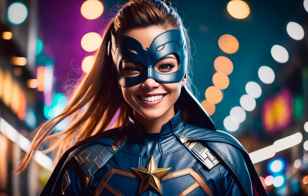 Retrato de una joven guapa en disfraz de superhéroe y con una máscara
