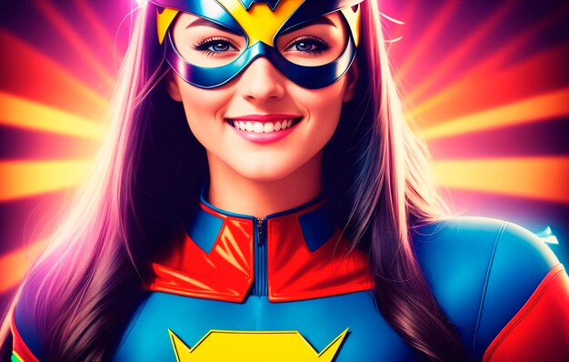 Foto retrato de una joven guapa en disfraz de superhéroe y con una máscara