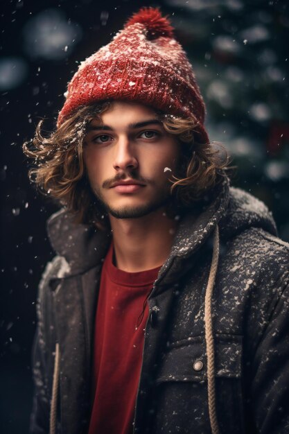 Retrato de un joven guapo con abrigo de invierno y sombrero rojo