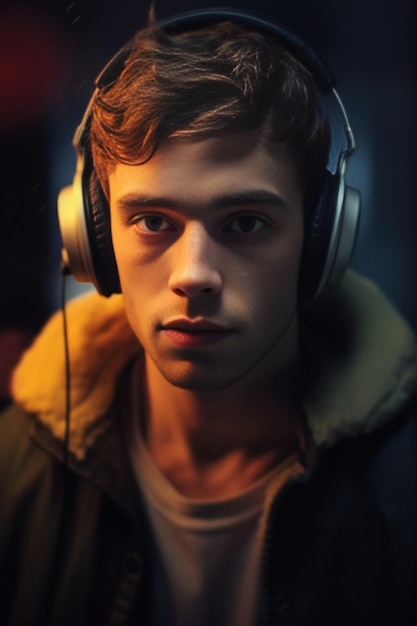 Retrato de un joven guapo con auriculares IA generativa