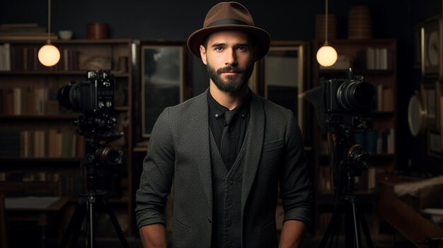 Foto retrato de un joven guapo con barba y bigote en una habitación oscura