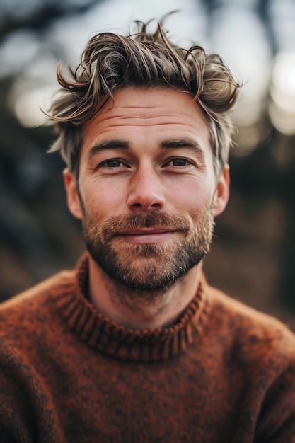 Retrato de un joven guapo con barba en un suéter marrón