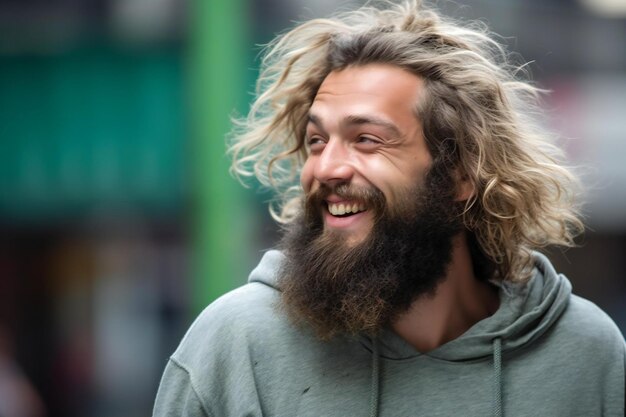 Retrato de un joven guapo con cabello largo y barba en la ciudad