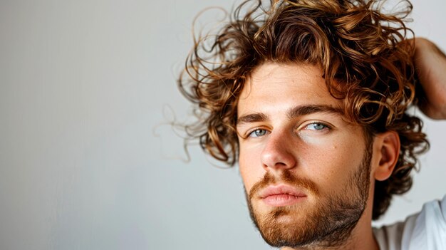 Retrato de un joven guapo con cabello largo y rizado y ojos azules