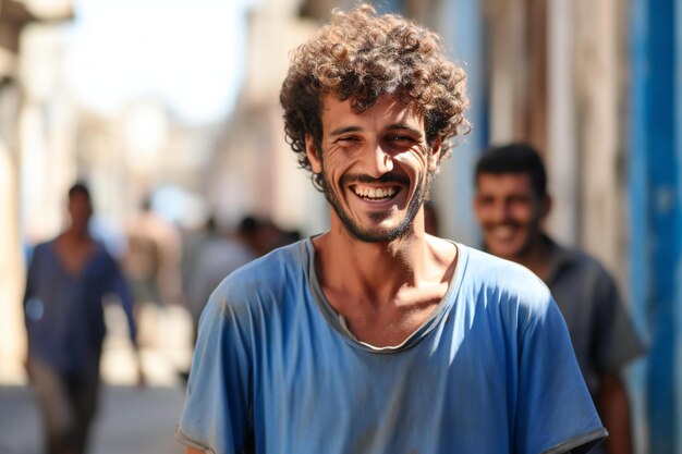 Foto retrato de un joven guapo con el cabello rizado sonriendo en la calle