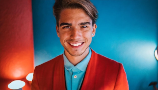 Retrato de un joven guapo con una chaqueta roja sonriendo a la cámara en un café