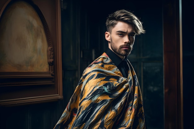 Retrato de un joven guapo con un corte de pelo elegante en una barbería Moda de belleza masculina