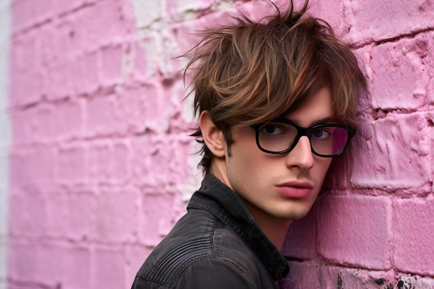 Retrato de un joven guapo con gafas contra una pared de ladrillo rosa