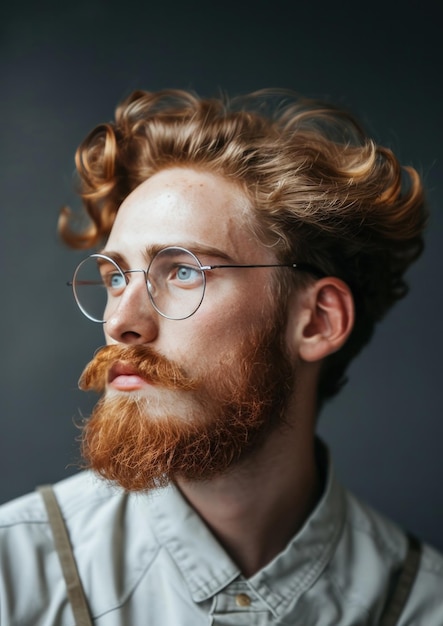 Foto retrato de un joven guapo con pelo rojo, barba, bigote y peinado