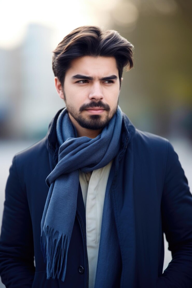 Retrato de un joven guapo de pie afuera y usando su teléfono móvil creado con IA generativa