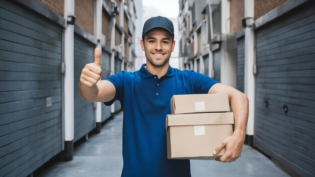 Retrato de un joven y guapo repartidor con cajas de papel que muestran el signo de pulgares hacia arriba aislado en el whi