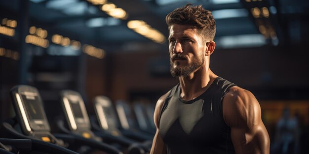 Retrato de un joven guapo en ropa deportiva en el gimnasio hombre en ropa atlética corriendo enérgicamente