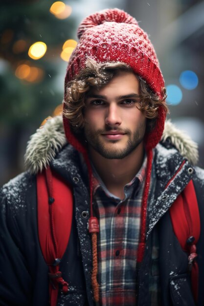 Retrato de un joven guapo con ropa de invierno al aire libre