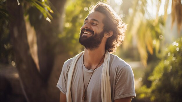 Retrato de un joven guapo sonriendo en el parque en un día soleado