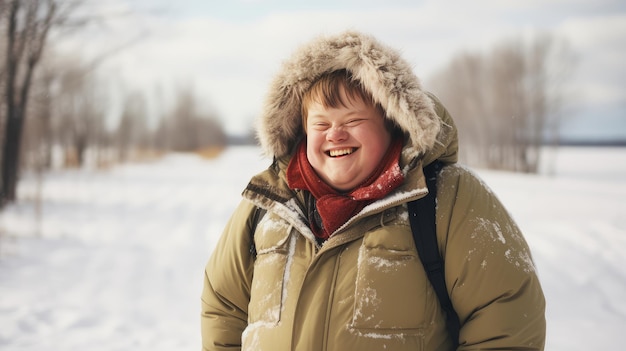 Foto retrato de un joven guapo sonriente y feliz con síndrome de down contra el telón de fondo de wint