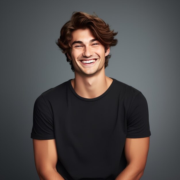 Retrato de un joven guapo y sonriente, hombres alegres y riendo.