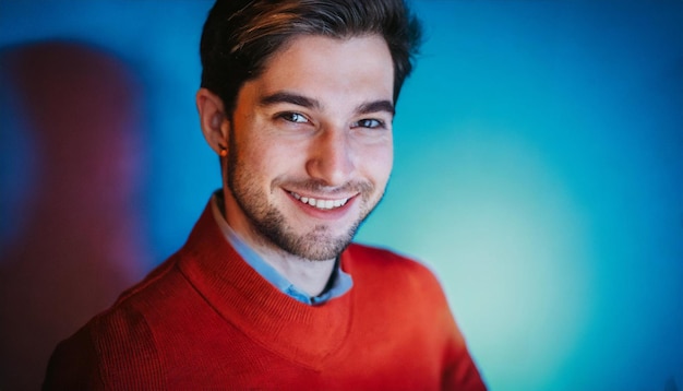 Retrato de un joven guapo con un suéter rojo mirando a la cámara contra un fondo azul