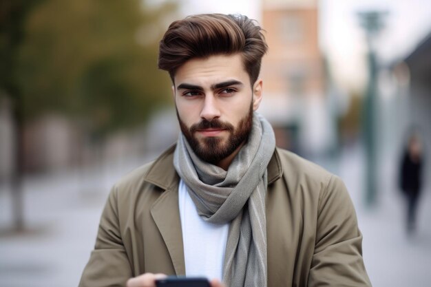 Retrato de un joven guapo usando su teléfono móvil creado con IA generativa