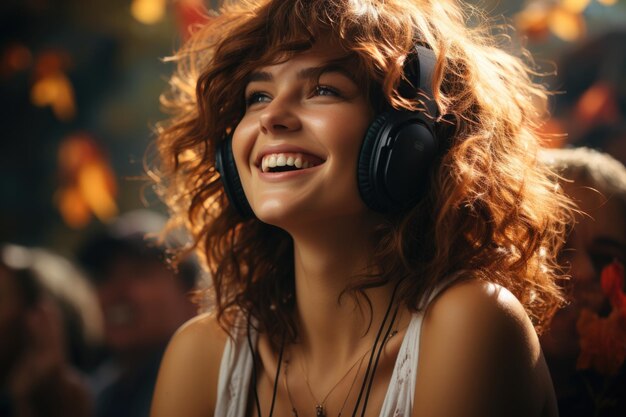 Foto retrato de una joven hermosa con auriculares escuchando música