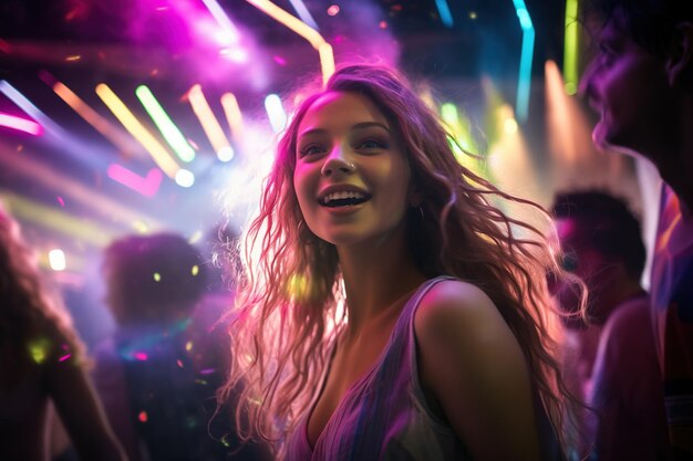 Retrato de una joven hermosa bailando en un club nocturno con luces