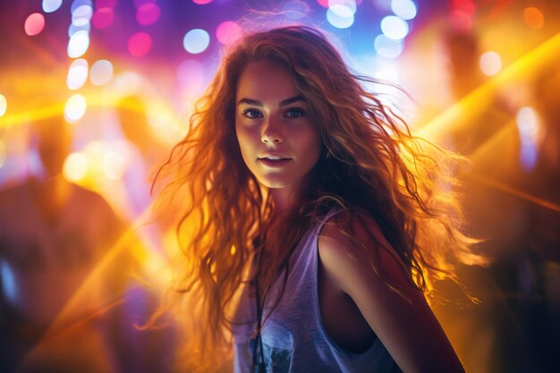 Retrato de una joven hermosa bailando en un club nocturno con luces