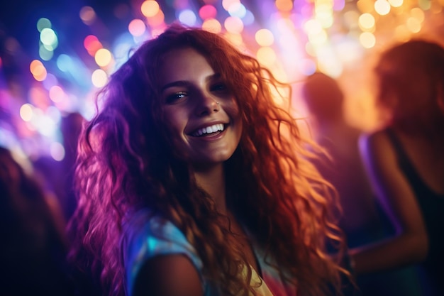 Retrato de una joven hermosa bailando en un club nocturno con luces