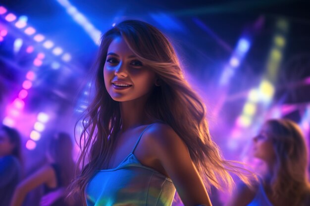 Retrato de una joven hermosa bailando en un club nocturno con luces