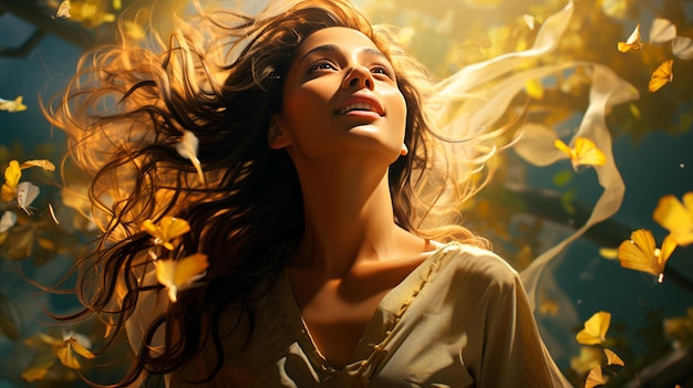 retrato de una joven hermosa con el cabello largo volando en el viento en el bosque en una puesta de sol de verano