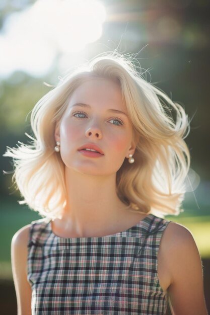 Retrato de una joven hermosa con cabello rubio en verano en un campo bajo la luz del sol