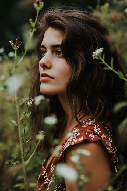 Retrato de una joven hermosa en un campo con flores silvestres
