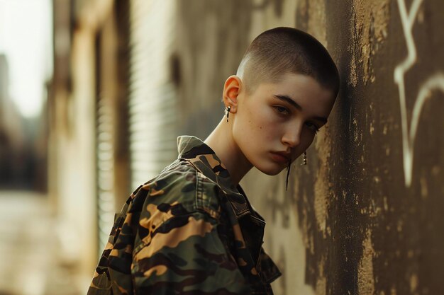 Retrato de una joven hermosa con una chaqueta de camuflaje militar en la calle