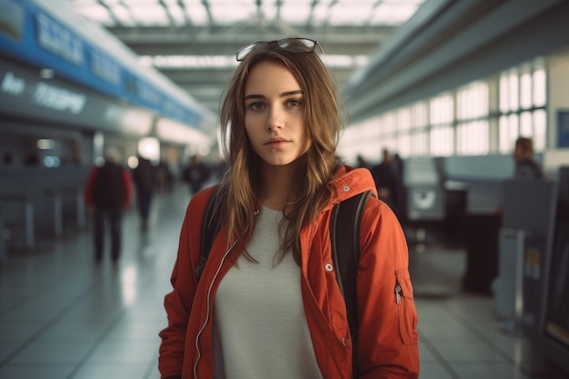 Retrato de una joven hermosa con chaqueta roja en el aeropuerto Una mujer joven con ropa casual está posando en el aeroporto Generada por IA