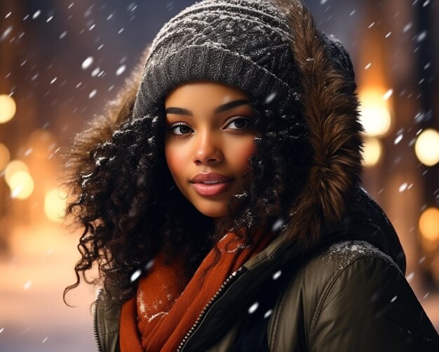 Retrato de una joven y hermosa chica afroamericana con un sombrero en una ciudad de noche de invierno