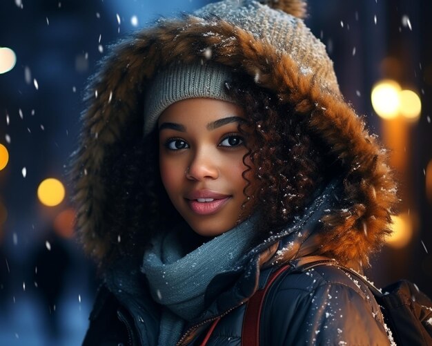 Retrato de una joven y hermosa chica afroamericana con un sombrero en una ciudad de noche de invierno