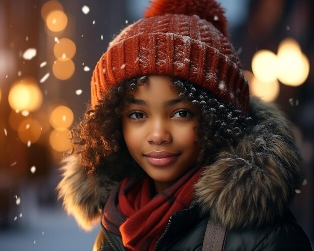 Retrato de una joven y hermosa chica afroamericana con un sombrero en una ciudad de noche de invierno