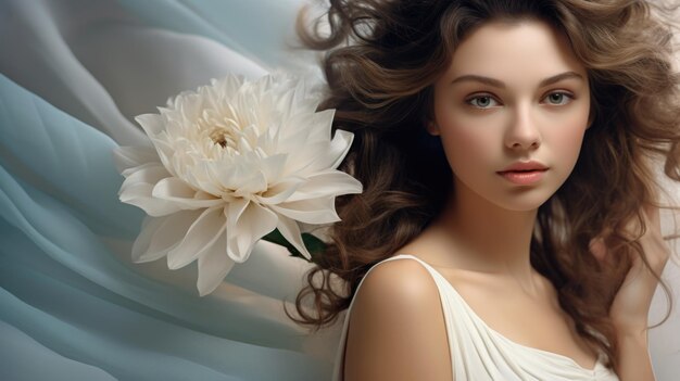 Retrato de una joven hermosa chica rubia platino con estilo de maquillaje, peinado de baile y flores