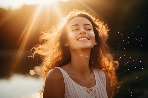 Foto retrato de una joven hermosa y feliz con el pelo largo y rizado rojo