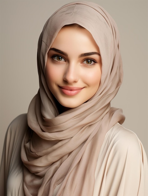 Retrato de una joven hermosa con un hijab y una sonrisa suave