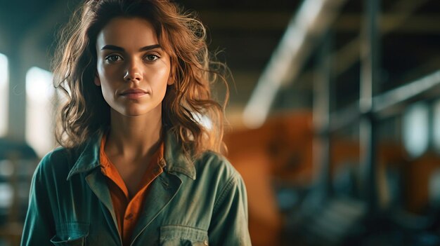 Un retrato de una joven y hermosa ingeniera que trabaja en una fábrica.