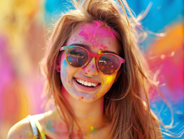 Foto retrato de una joven hermosa jugando a holi y sonriendo celebrando el festival de los colores