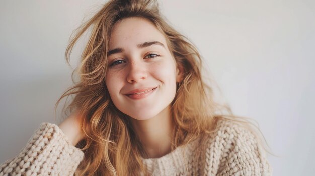 Retrato de una joven hermosa, linda y alegre sonriendo mirando a la cámara sobre un fondo blanco