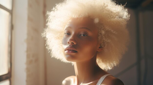 Retrato de una joven hermosa mujer albino con el cabello rizado cerca de la ventana en la hermosa luz del sol suave