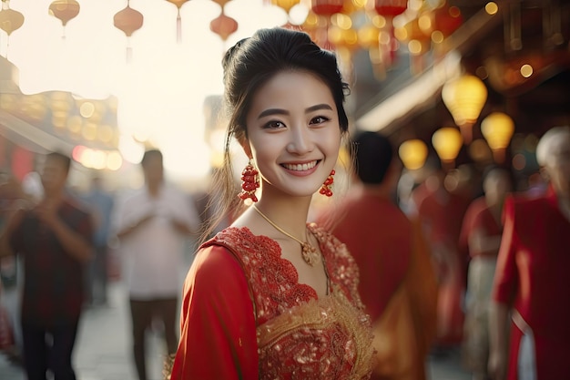 Retrato de joven hermosa mujer asiática china con vestido rojo tradicional chino Generative Ai