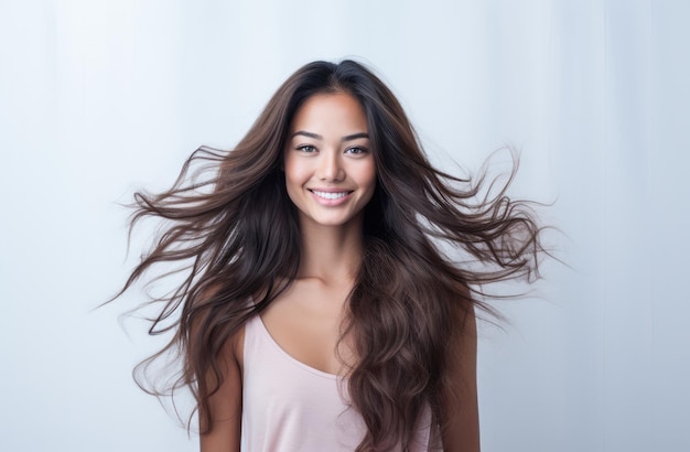 Retrato de una joven y hermosa mujer asiática con el pelo largo