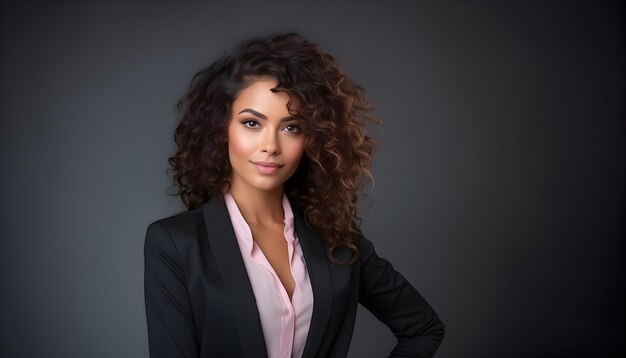 Foto retrato de una joven y hermosa mujer emprendedora afro que expresa en su mirada la juventud y el éxito