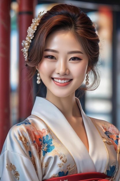 Retrato de una joven y hermosa mujer japonesa coreana sonrisa cara feliz moda chica asiática