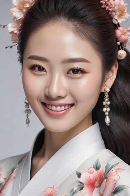 Retrato de una joven y hermosa mujer japonesa coreana sonrisa cara feliz moda chica asiática